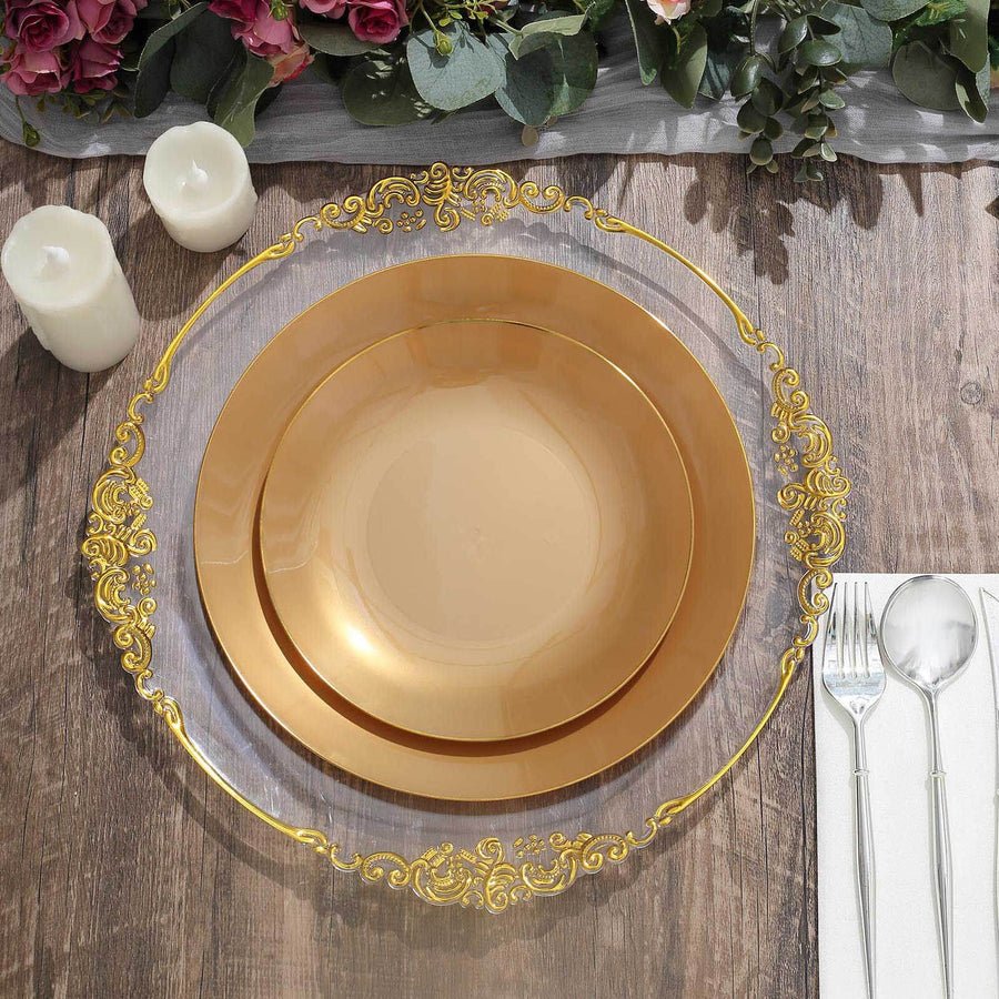 Ivory beaded charger plate with iridescent pink hammered plastic plate. Disposable wedding tableware.
