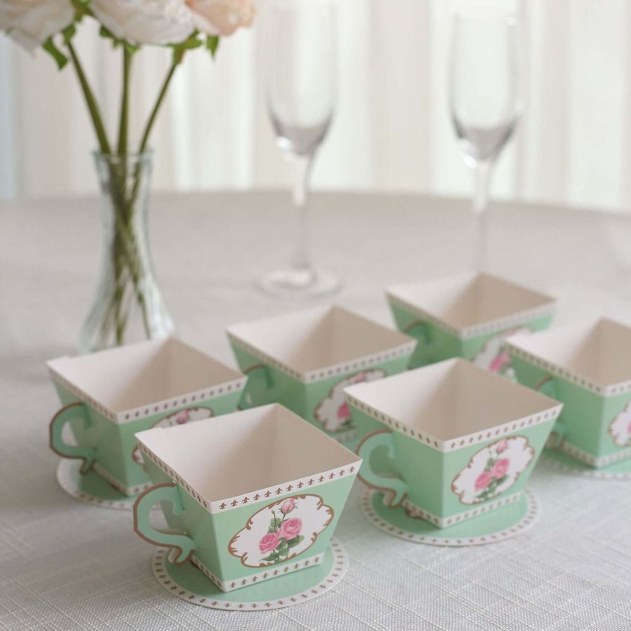 25 Pack Mini Teacup and Saucer Party Favor Boxes with Rose Floral Print - Tea Time Candy Boxes - Pretty Party Boxx