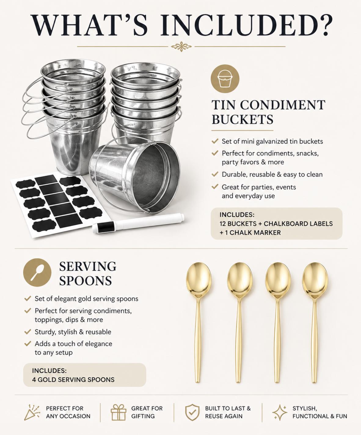 Tin Condiment Buckets with Serving Spoons – BBQ & Outdoor Party Topping Bar Display