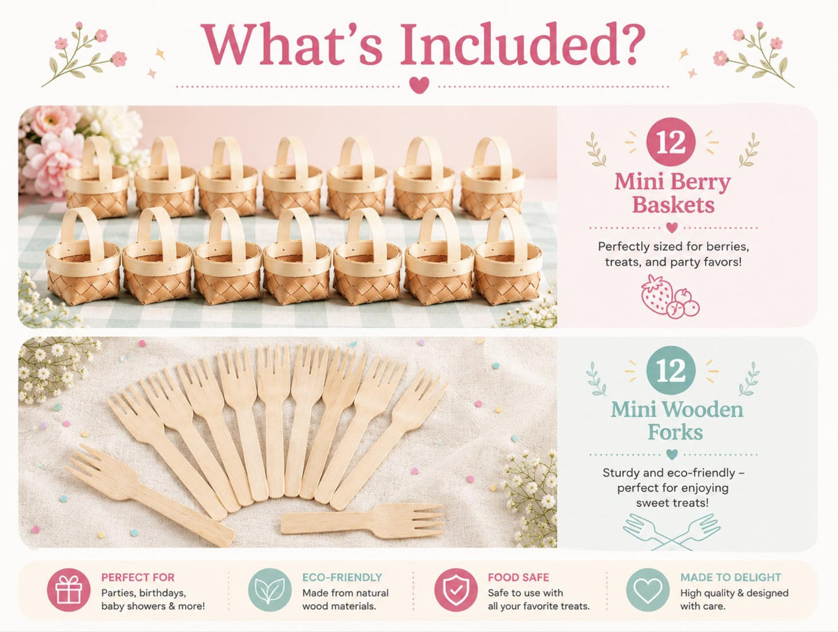 Tiny Wooden Picnic Basket Favors – Individual Berry Baskets for Weddings & Showers
