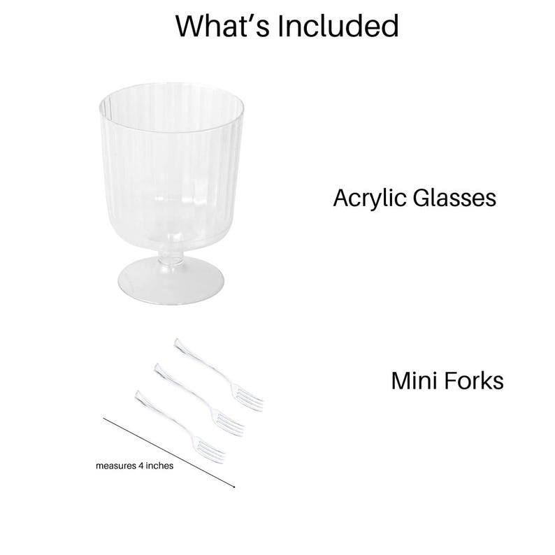 Set contents layout displaying 20 clear acrylic martini glasses and 20 matching mini forks for cocktail party serving.