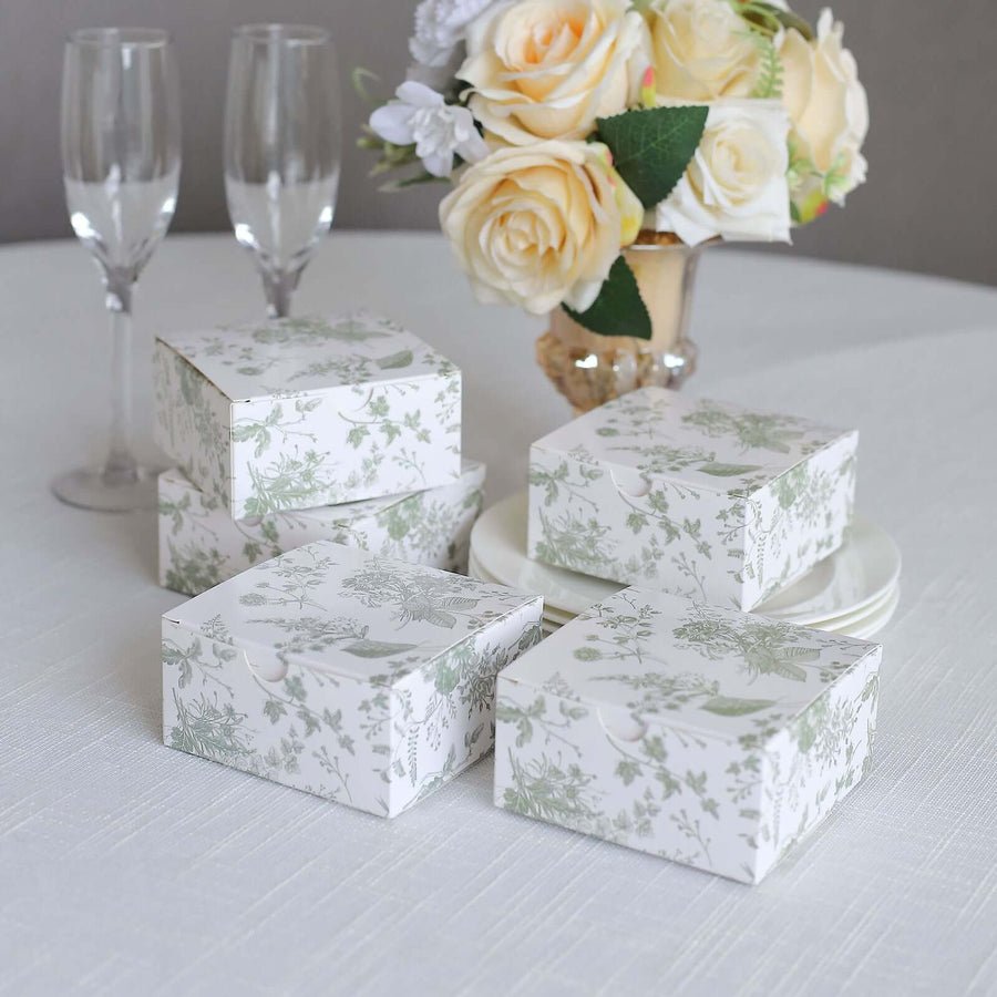 Set of green Toile floral print favor boxes. Vintage wedding or party gift packaging.