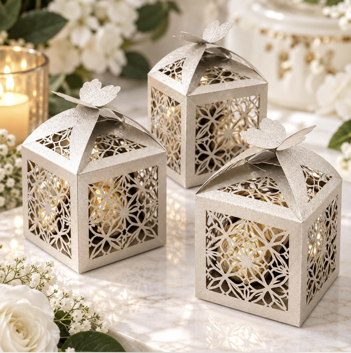 Silver butterfly favor boxes – stylish laser-cut candy gift boxes for weddings and events