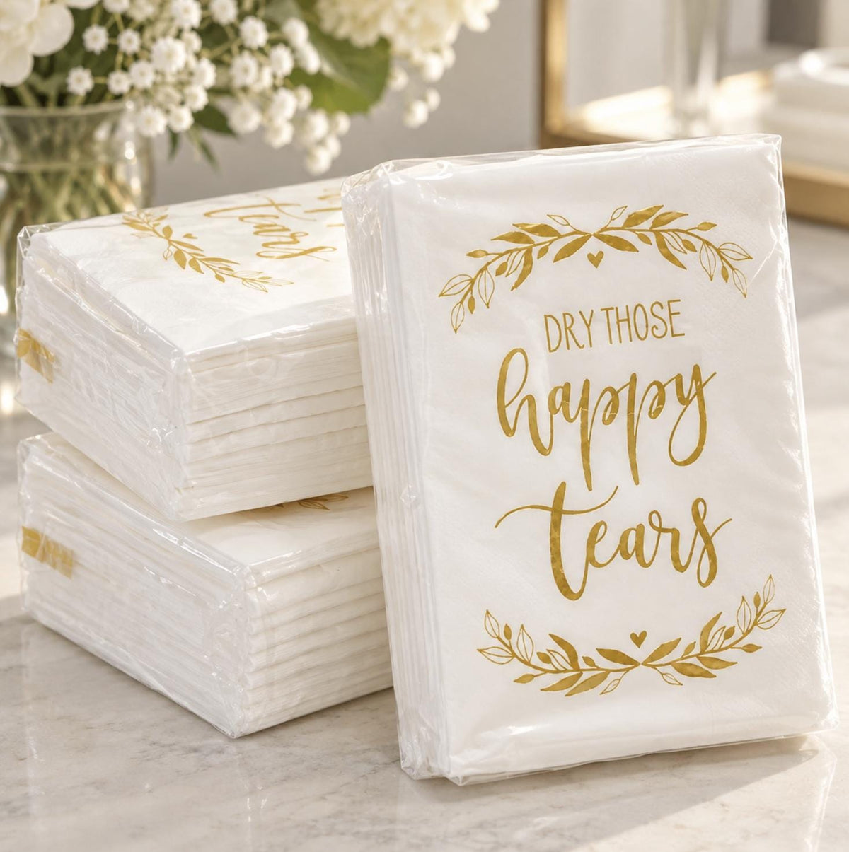 Wedding Tissue Pack Favors – "Dry Those Happy Tears" Pocket Tissues for Guests, Welcome Bags & Bridal Events (10 Sheets per Pack) - Pretty Party Boxx
