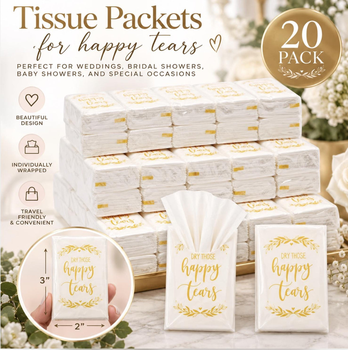Wedding Tissue Pack Favors – "Dry Those Happy Tears" Pocket Tissues for Guests, Welcome Bags & Bridal Events (10 Sheets per Pack) - Pretty Party Boxx