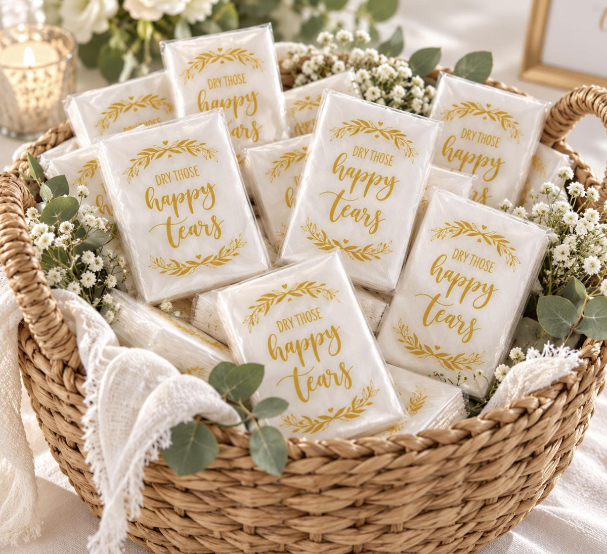 Wedding Tissue Pack Favors – "Dry Those Happy Tears" Pocket Tissues for Guests, Welcome Bags & Bridal Events (10 Sheets per Pack) - Pretty Party Boxx
