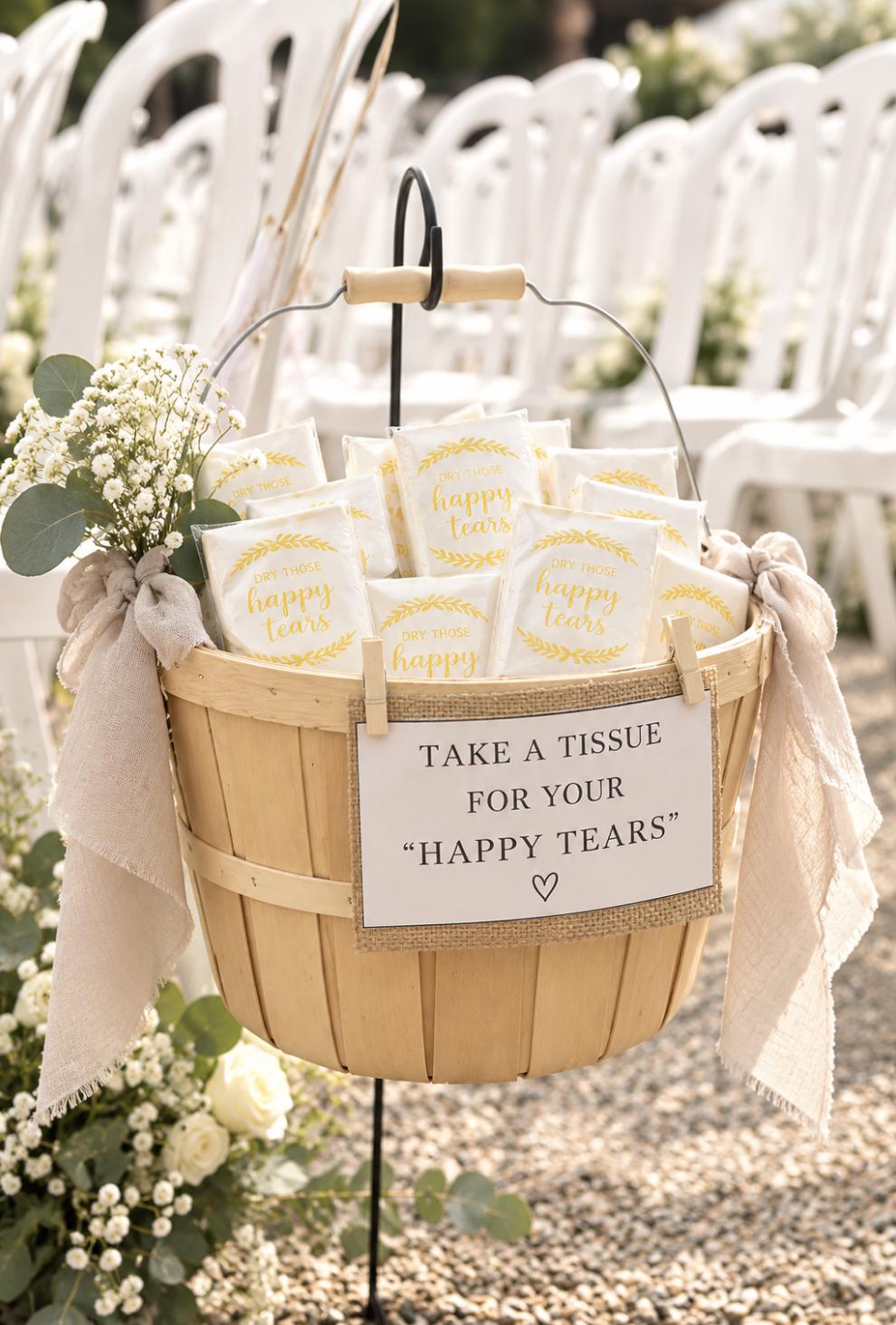 Wedding Tissue Pack Favors – "Dry Those Happy Tears" Pocket Tissues for Guests, Welcome Bags & Bridal Events (10 Sheets per Pack) - Pretty Party Boxx