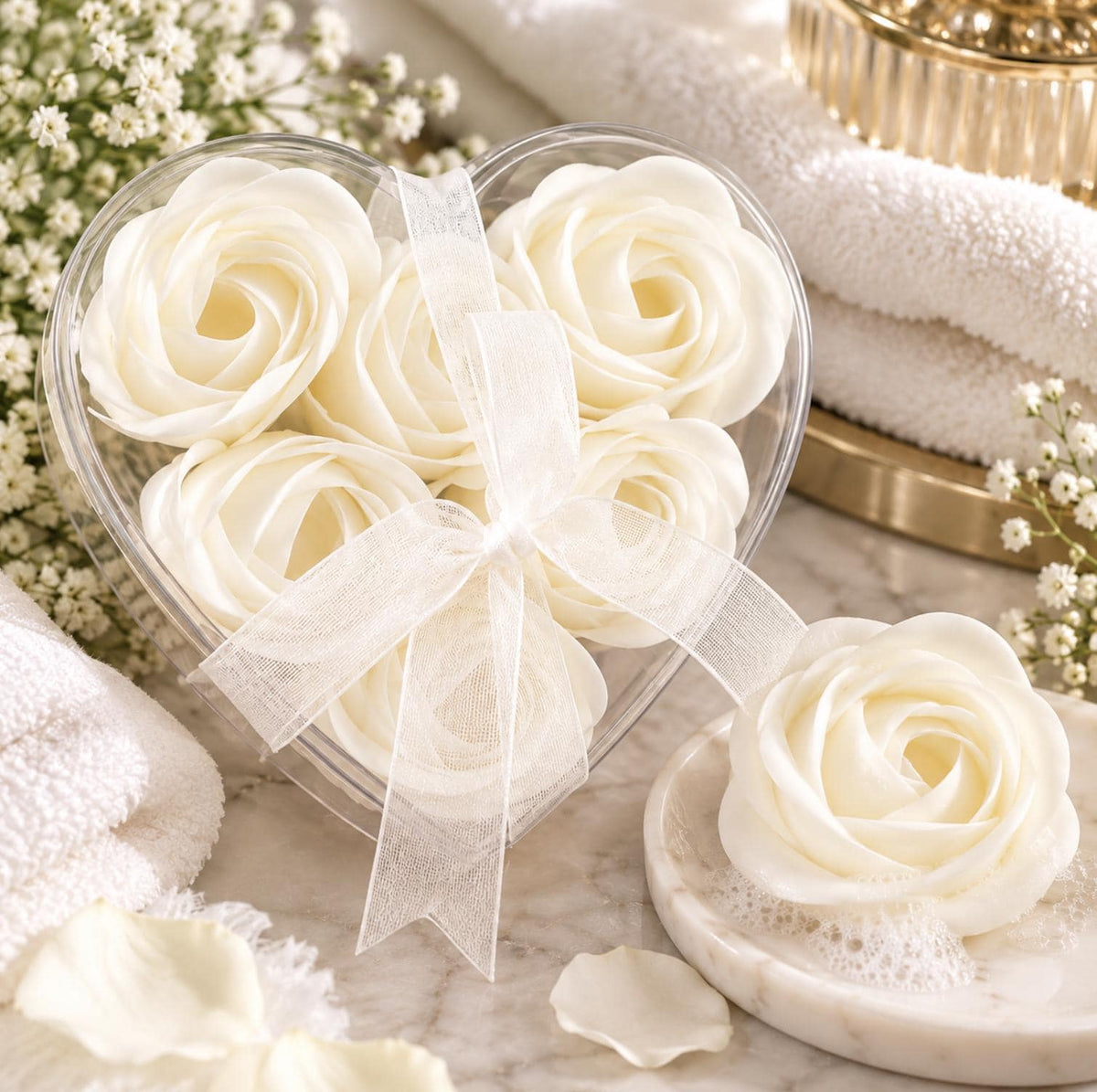 4 - Pack White Scented Rose Soap Heart - Shaped Party Favors with Gift Boxes & Ribbon – Perfect Wedding & Event Decorations