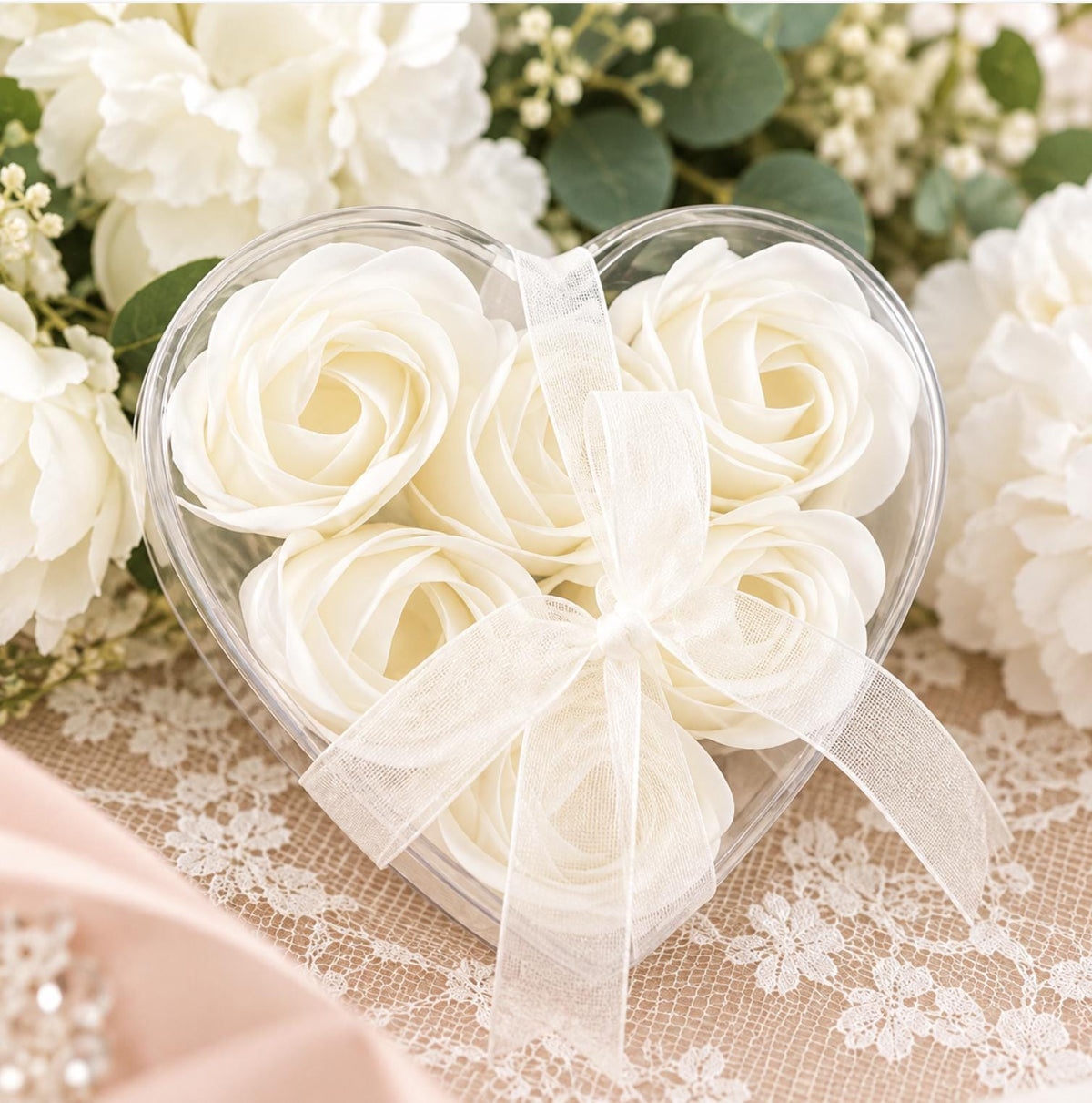 4 - Pack White Scented Rose Soap Heart - Shaped Party Favors with Gift Boxes & Ribbon – Perfect Wedding & Event Decorations