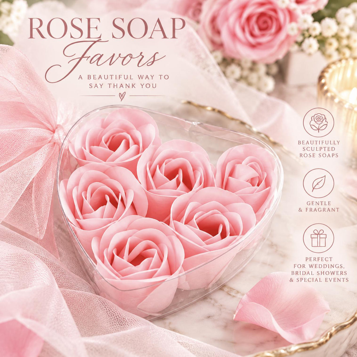 4 - Pack White Scented Rose Soap Heart - Shaped Party Favors with Gift Boxes & Ribbon – Perfect Wedding & Event Decoration