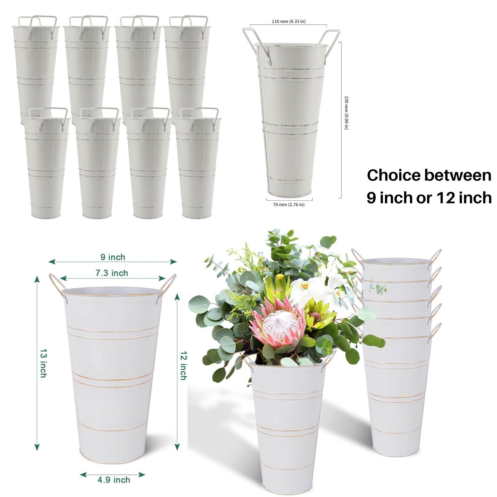 A close-up of the white tin buckets used in flower bars for bridal showers.