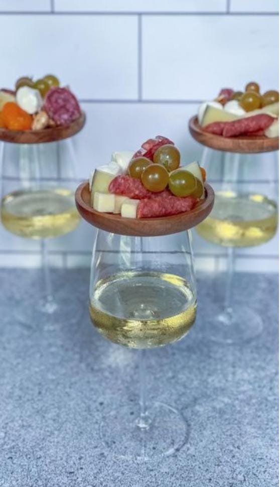 Wooden Wine Glass Charcuterie Toppers with Mini Forks – Wine Glass Snack Plates