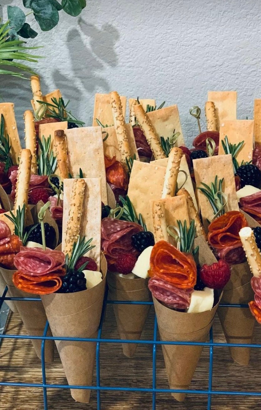 Charcuterie Display Kit - 20 Brown Kraft Paper Cones with Fancy Toothpicks  for Appetizers and Desserts - Wedding and Catered Event Food Holder