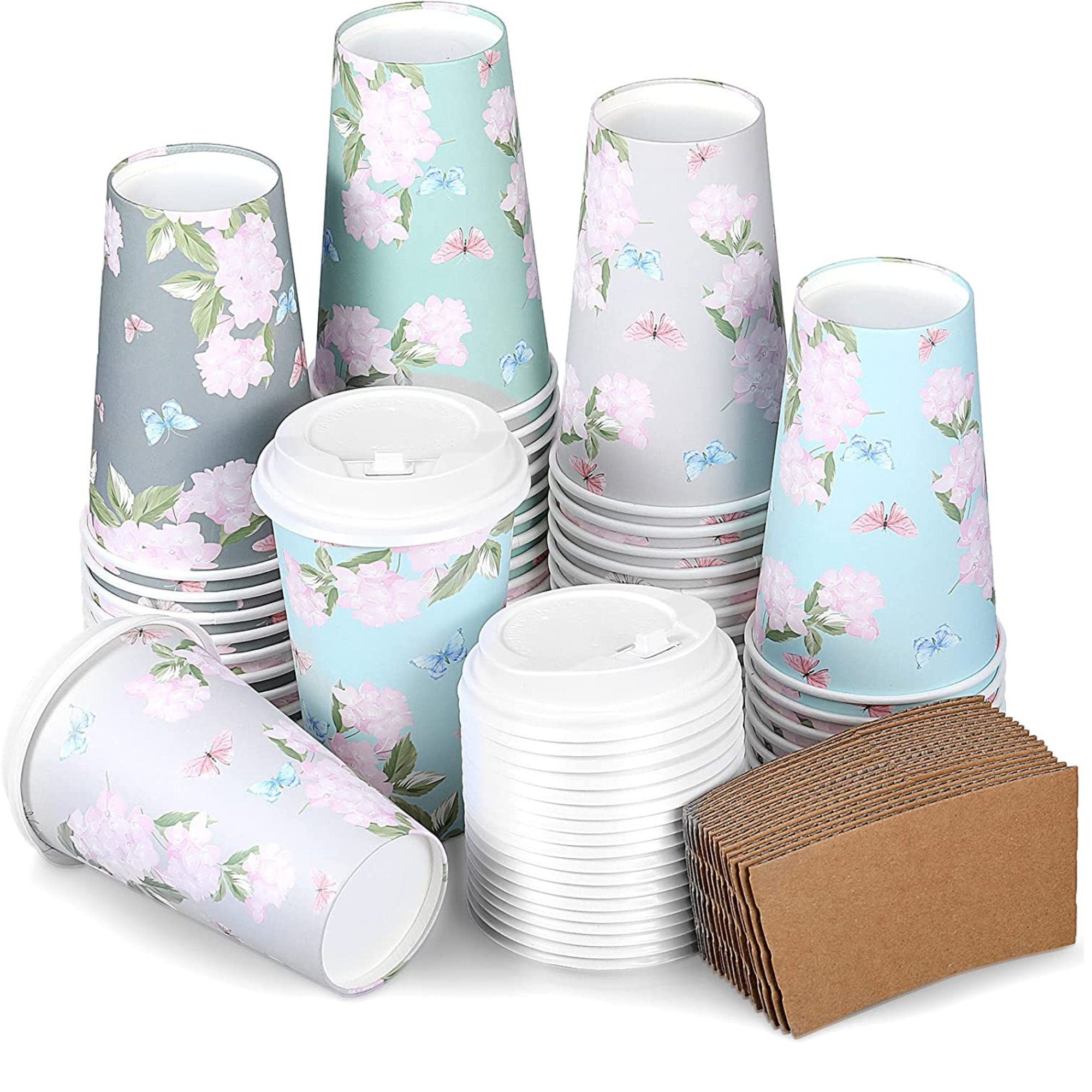 Paper Insulated Coffee Cups with Lids and Sleeves (16 oz, Blush