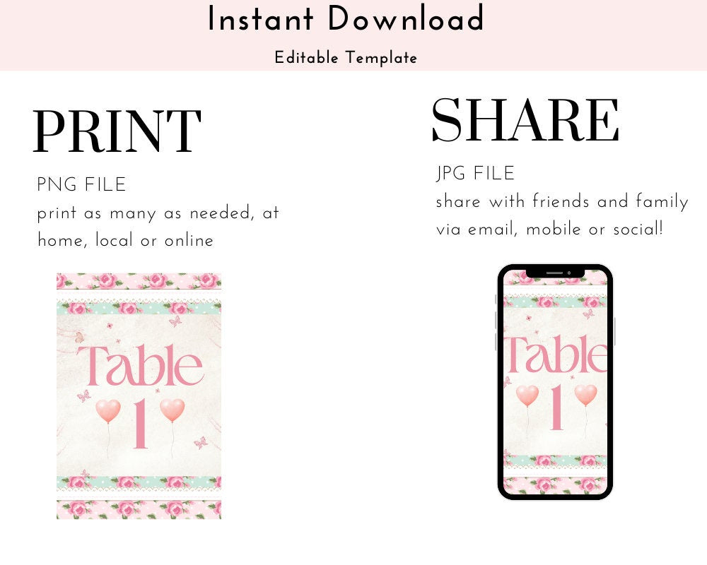 Pink Floral Table Number Signs 1-6 Digital Download