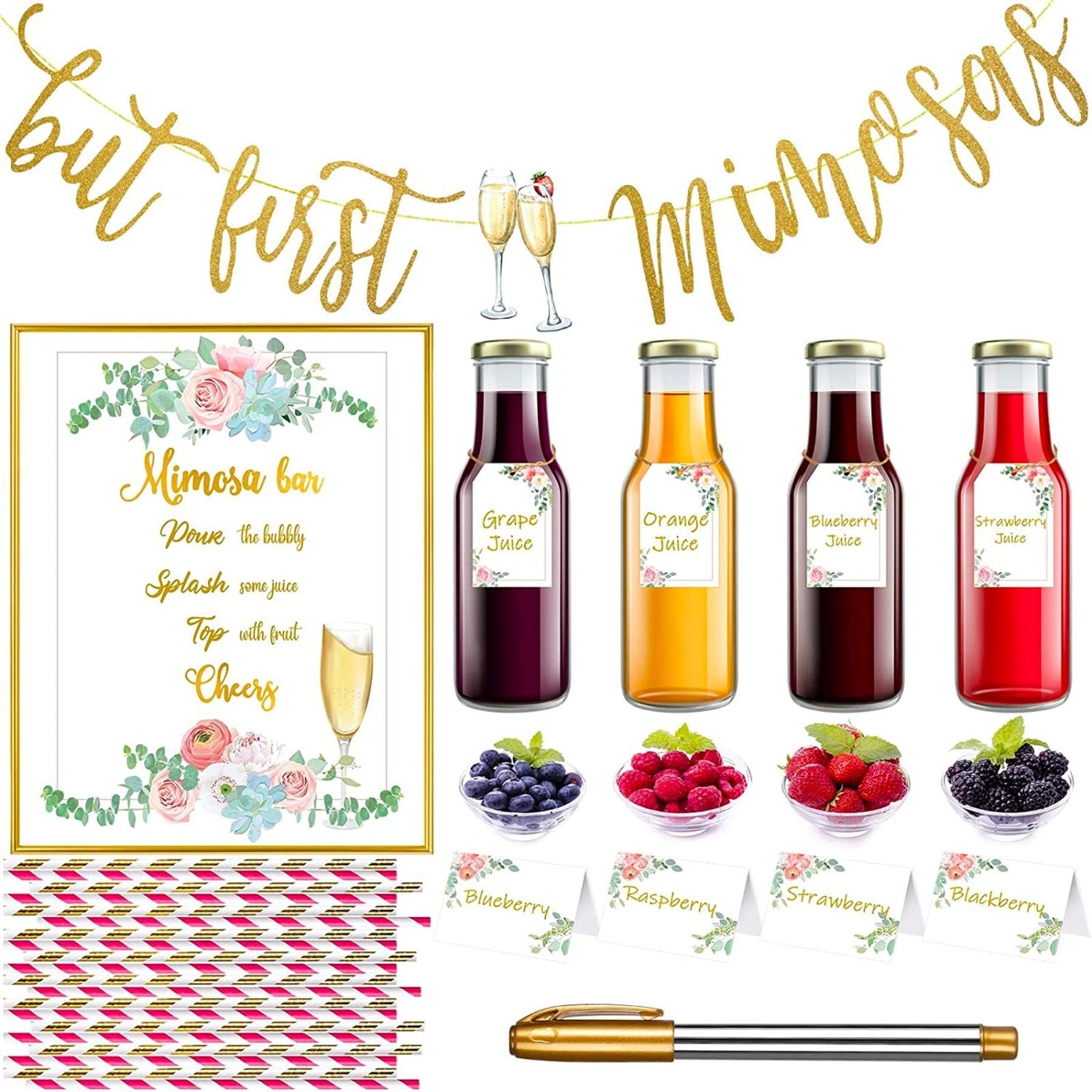 Mimosa Bar Supplies Kit - Watercolor Pink Mimosa Bar Sign - Elegant Gold  Foil Table Place Cards - Bridal Shower, Birthday Party, Bubbly Bar