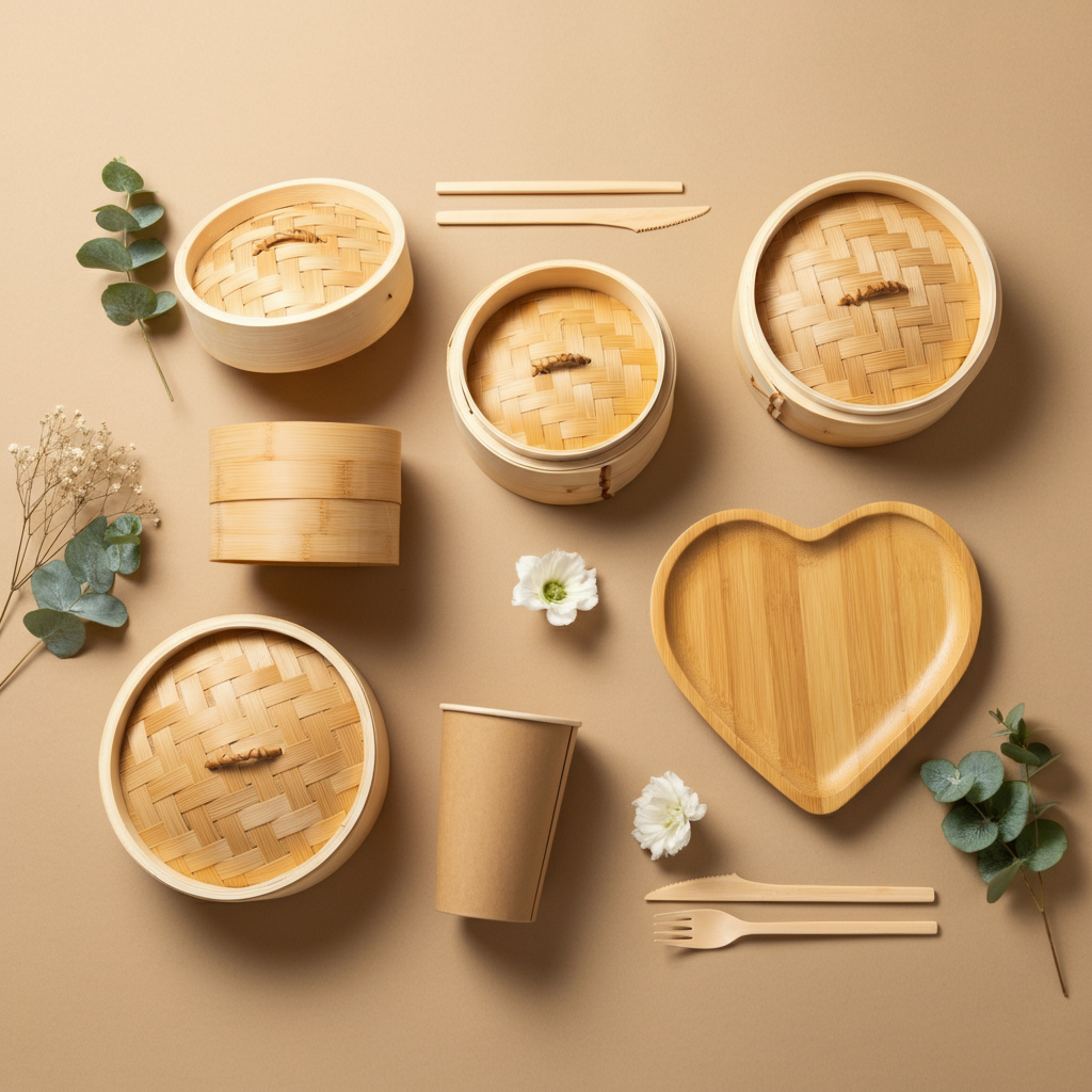 Elegant bamboo party favors arranged in flat-lay style including steamer boxes, charcuterie cups, and heart-shaped plates.