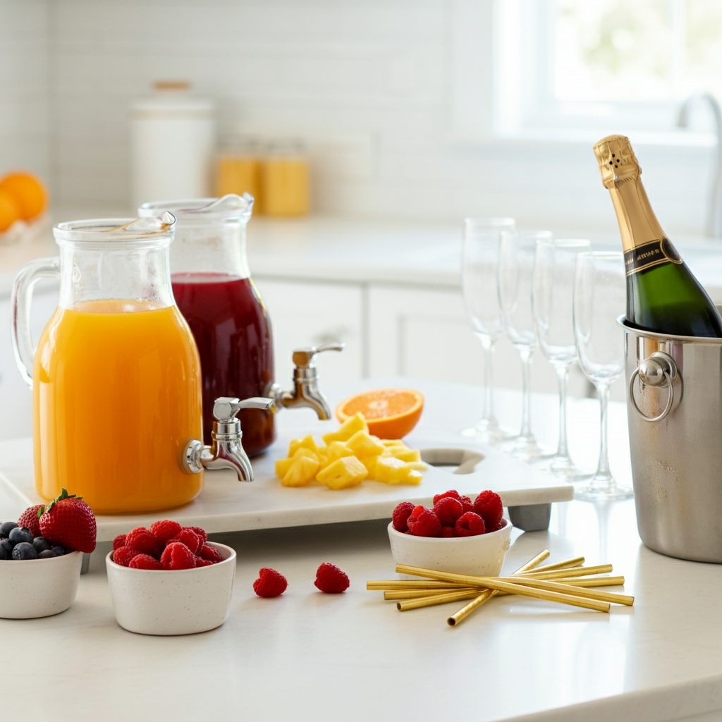 DIY mimosa bar kit setup with vibrant juices, fresh fruit garnishes, champagne, and gold straws in a bright kitchen setting.