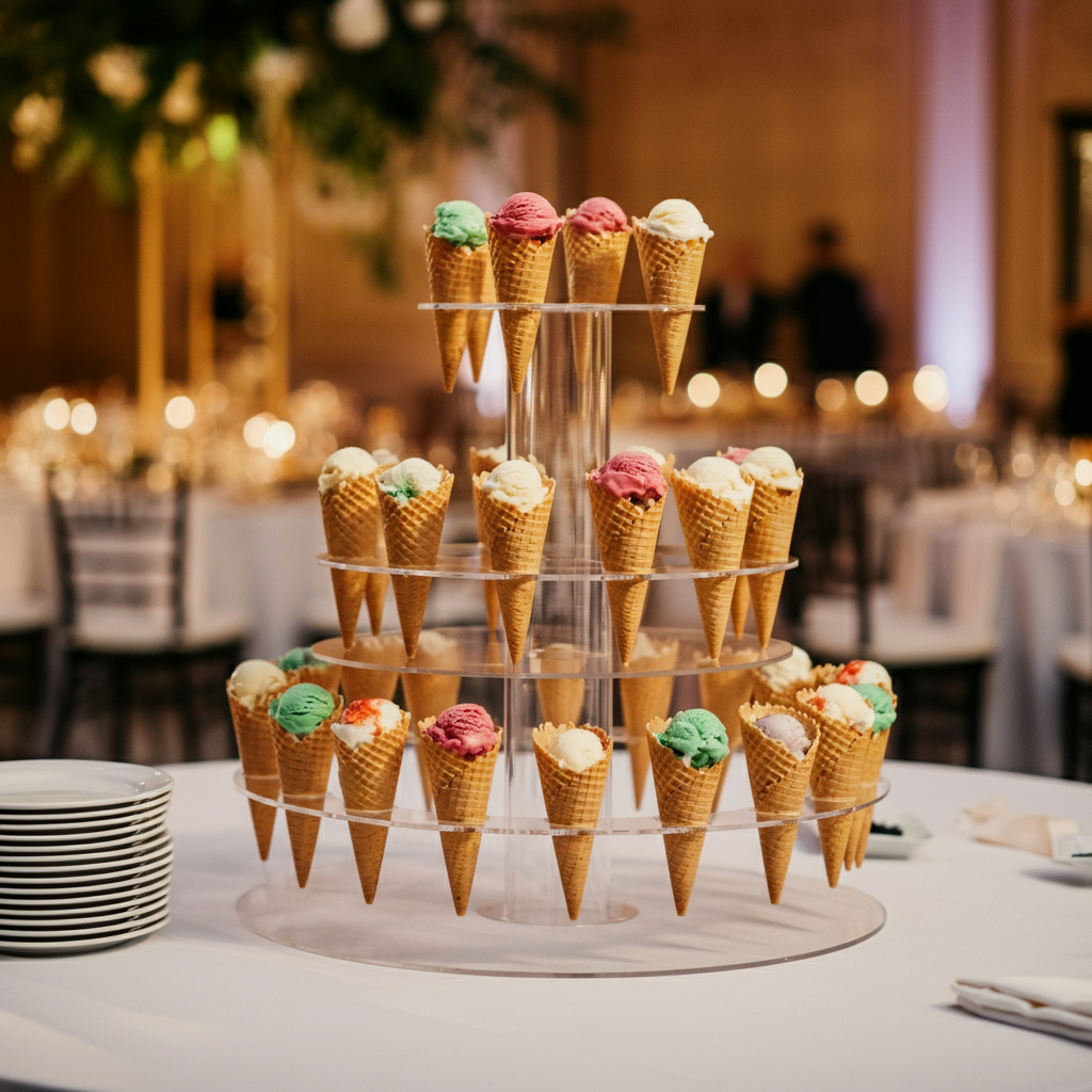 A stunning crystal-clear acrylic three-tier dessert stand for ice cream cones.