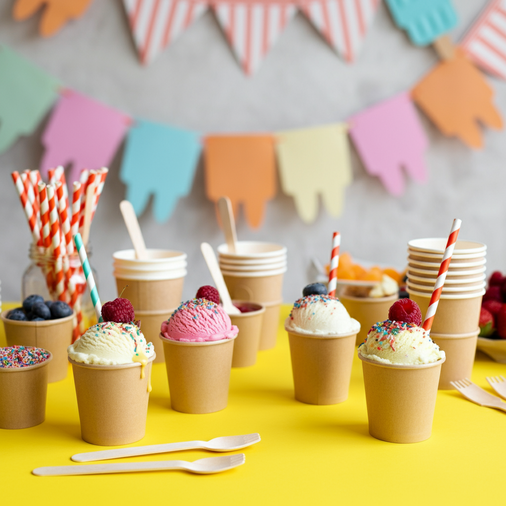 A vibrant ice cream party setup featuring colorful ice cream cups, wooden cutlery, striped paper straws, and festive decorations on a bright yellow table, perfect for a fun and eco-friendly celebration.