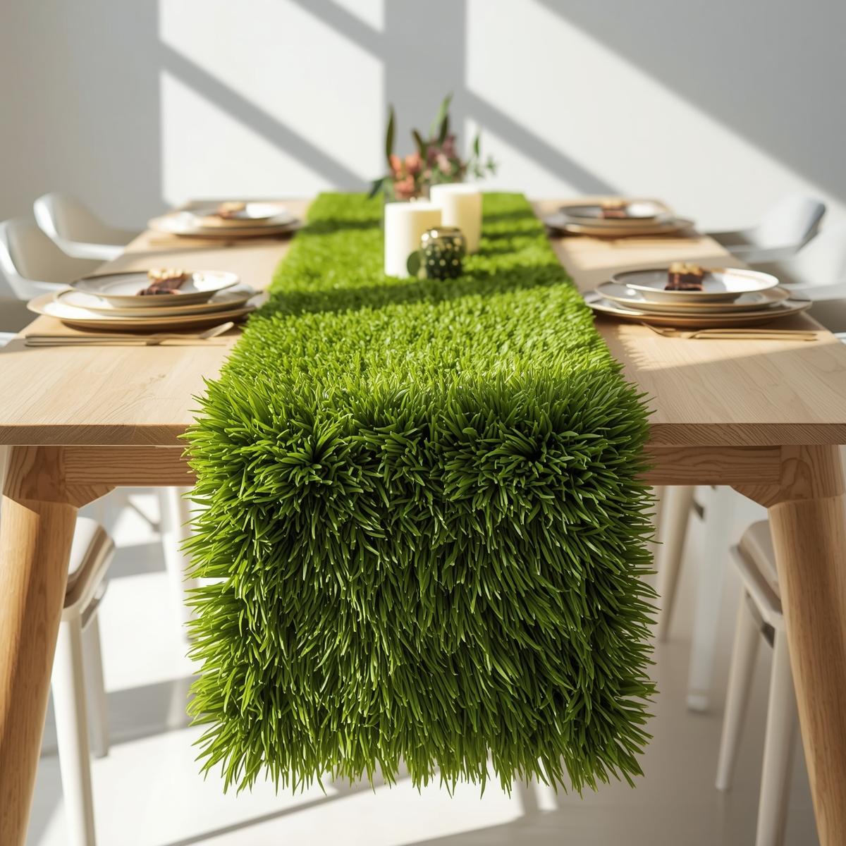 Faux grass table runner styled on a modern dining table with candles and flowers, perfect for weddings, parties, and home décor.