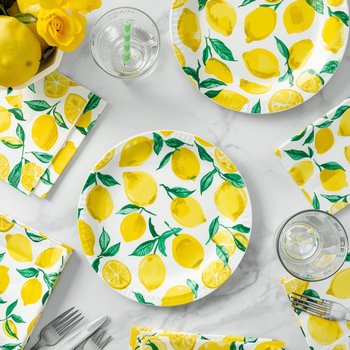 Lemon plates, napkins, and cutlery on outdoor party table with yellow floral centerpieces