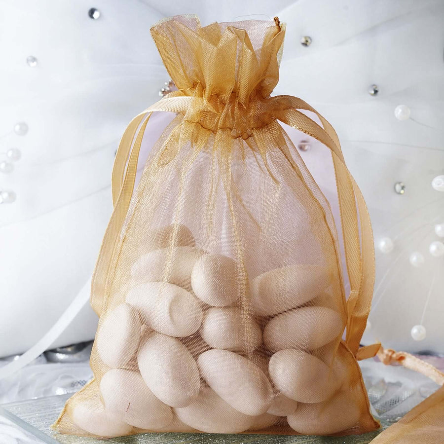 Premium 4x6 gold organza favor bag with satin ribbon closure – ideal for candies, jewelry, and small gifts