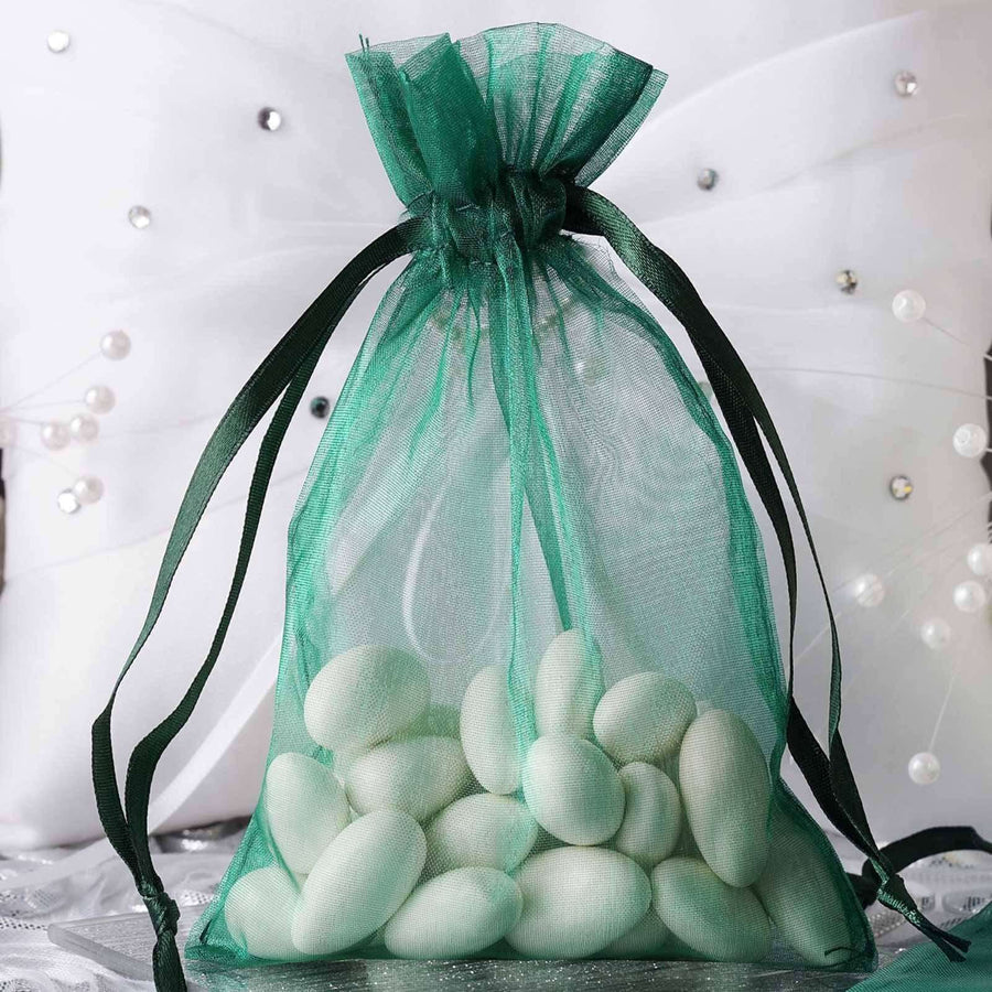 10-Pack 4x6 Hunter Emerald Green Organza Drawstring Wedding Party Favor Gift Bags – Sheer Satin Pouches for Candies, Jewelry, and Small Gifts