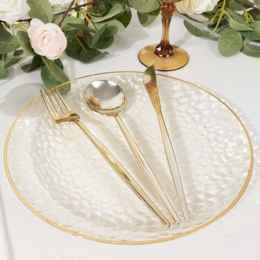 7 inch clear white plastic appetizer plate with gold rim. Hammered texture; 5 inch serving area.