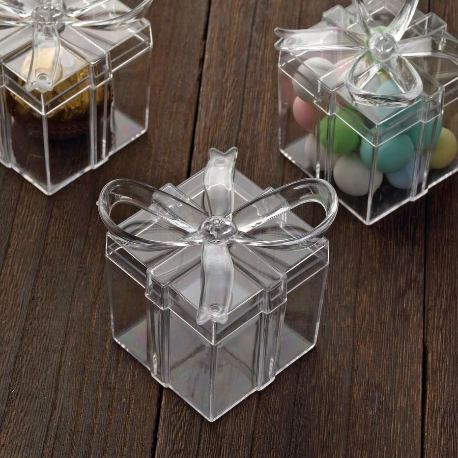 12 Pack 3" Square Clear Bow Top Plastic Party Favor Boxes – Transparent Candy Container Gift Boxes - Pretty Party Boxx