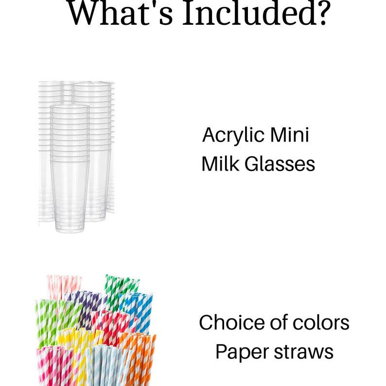 What’s included—acrylic mini cups and assorted striped paper straws