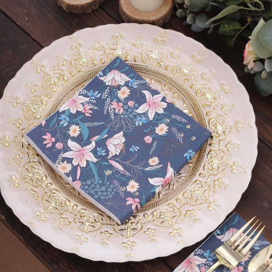 20 - Pack Elegant Paper Cocktail Napkins – Peony Flower Print with Gold Trim for Weddings & Events - Pretty Party Boxx