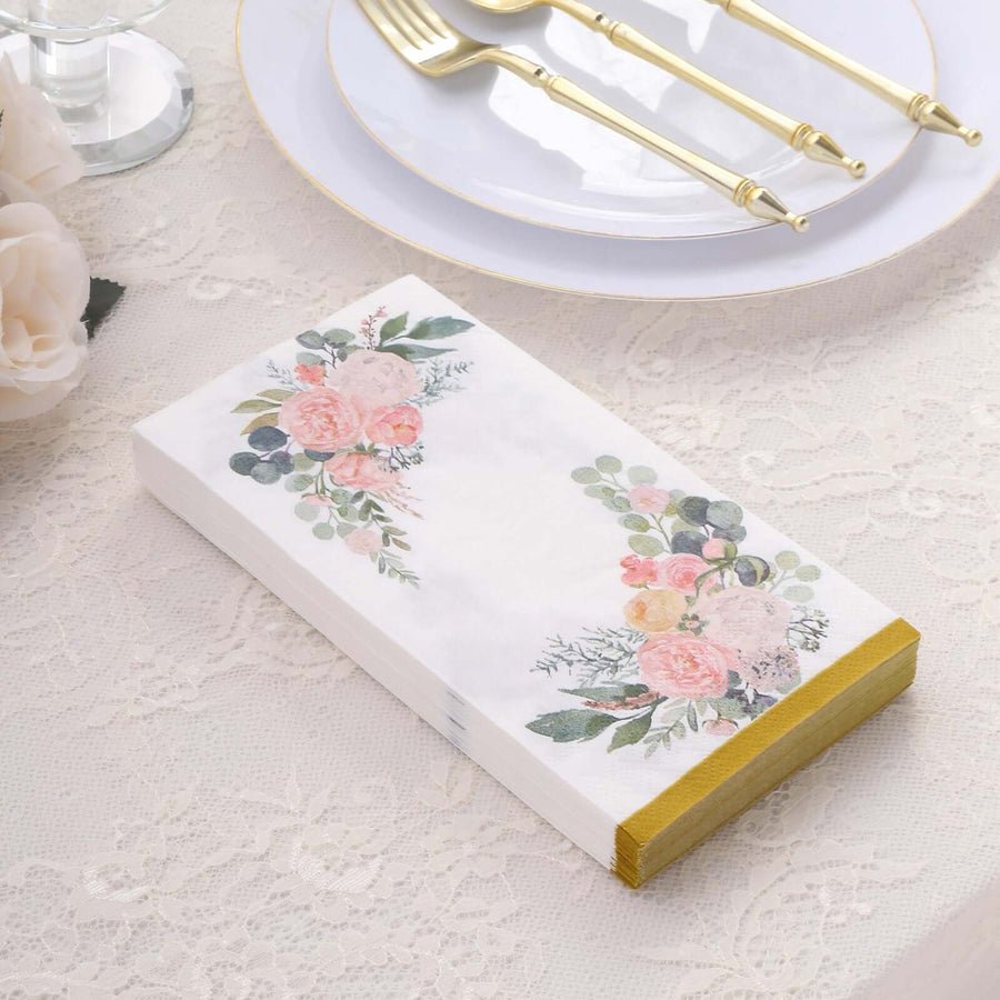 20 - Pack Elegant Paper Dinner Napkins – Peony Flower Print with Gold Edge for Weddings & Events - Pretty Party Boxx