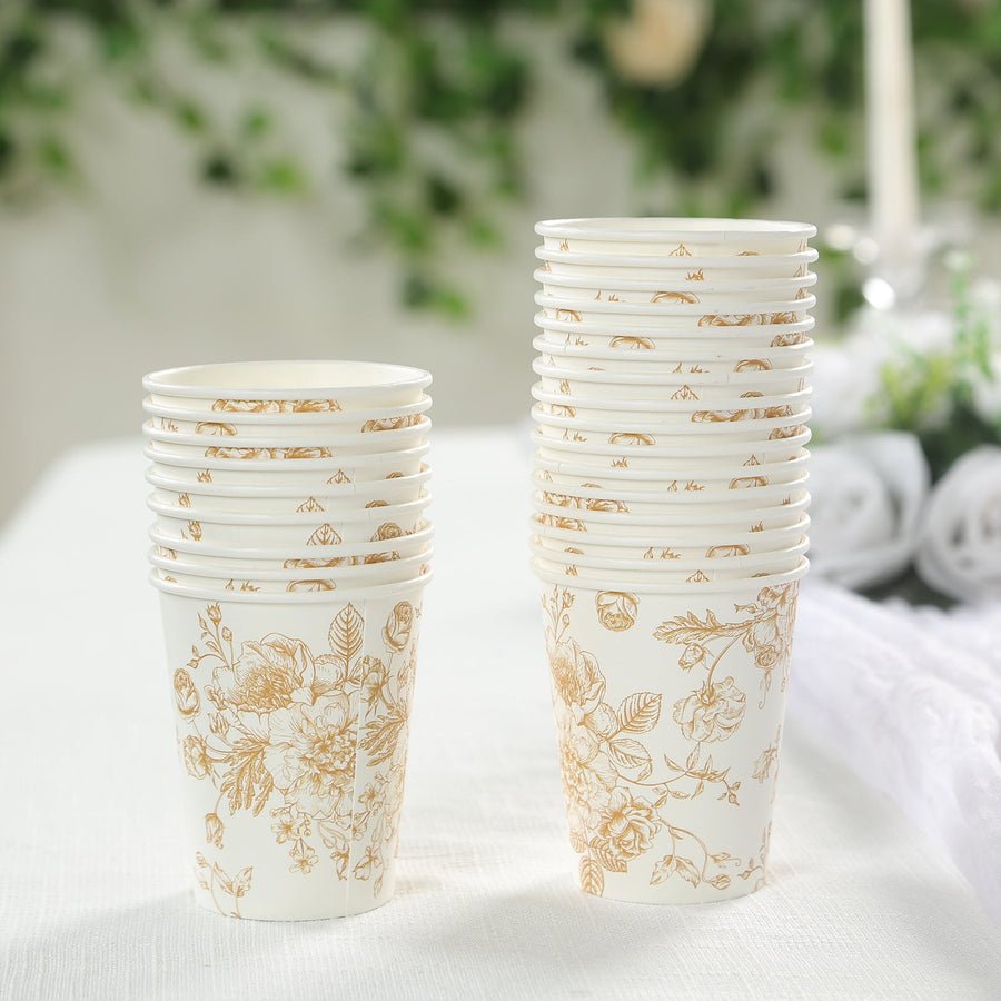 Gold floral paper cups – premium disposable drinkware for weddings and celebrations