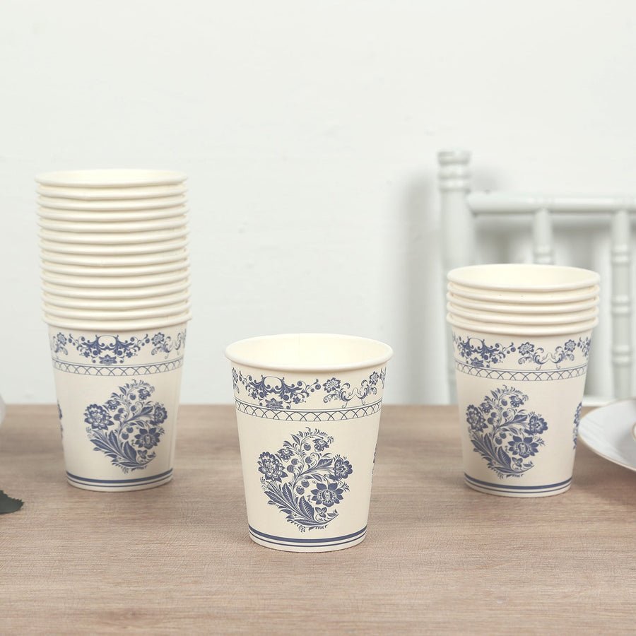 Navy blue floral paper cups – elegant disposable drinkware for classic wedding décor