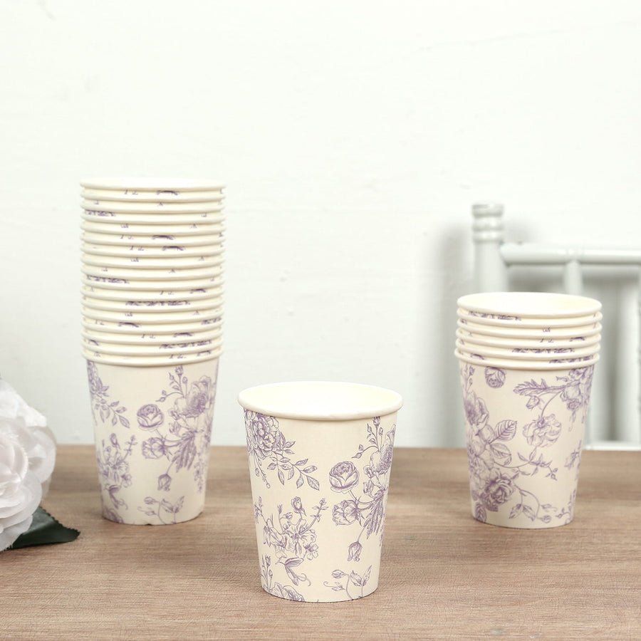 Lavender floral paper cups – elegant disposable drinkware for weddings and receptions