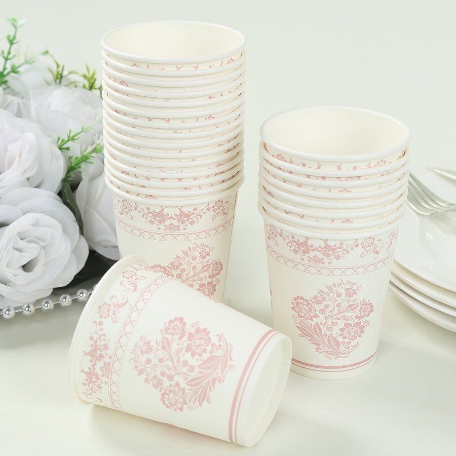 Pink floral paper cups – elegant disposable drinkware for weddings and baby showers