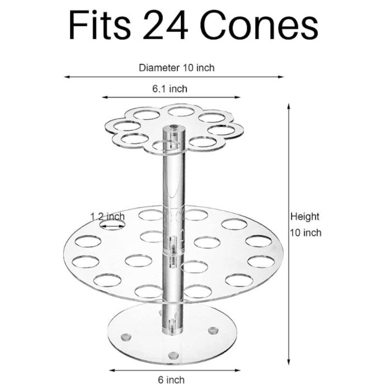 24-hole acrylic cone stand with dimensions shown for events and parties