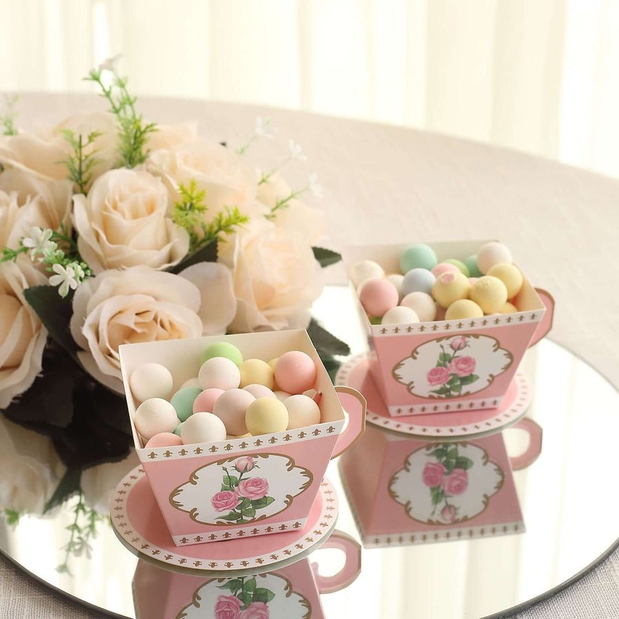 25 Pack Mini Teacup and Saucer Party Favor Boxes with Rose Floral Print - Tea Time Candy Boxes - Pretty Party Boxx