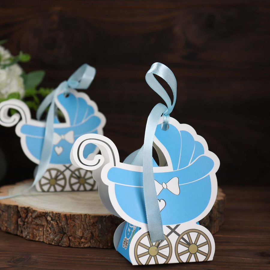 25-pack light blue paper baby stroller party favor boxes with ribbon ties