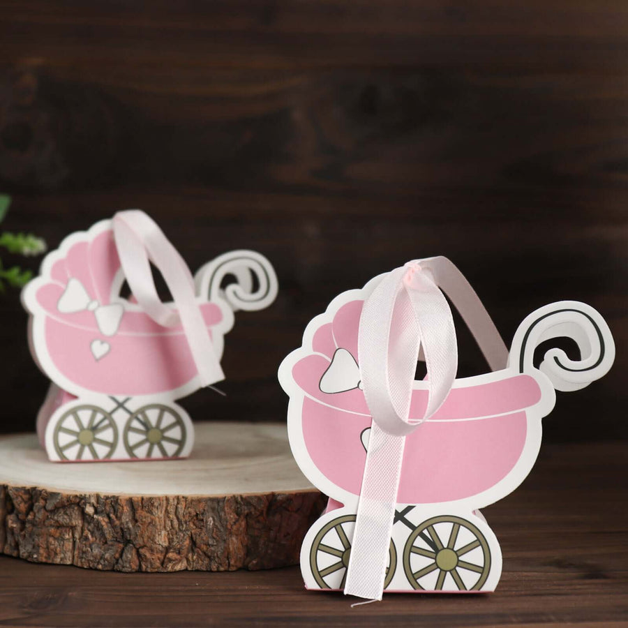 25-pack pink paper baby stroller party favor boxes with ribbon ties for elegant events
