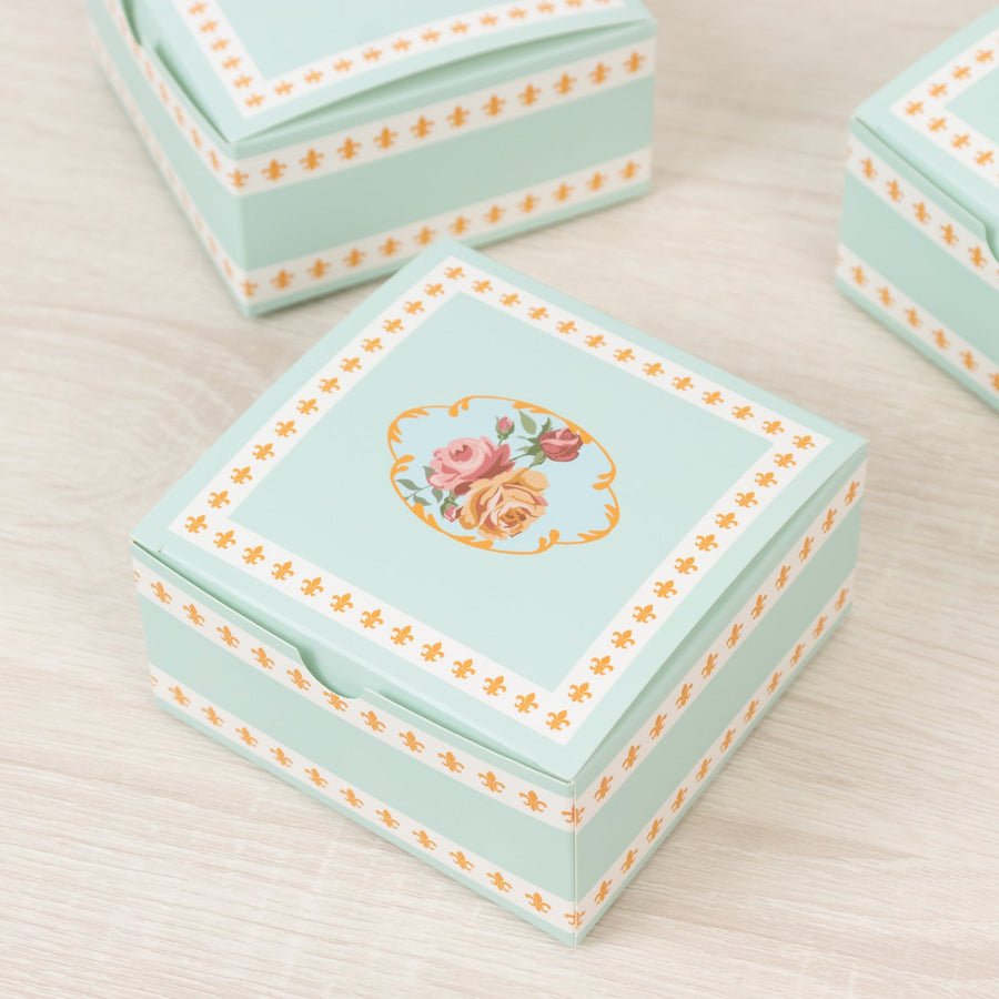 Shabby chic mint green favor box with vintage floral design. Elegant party treat box.