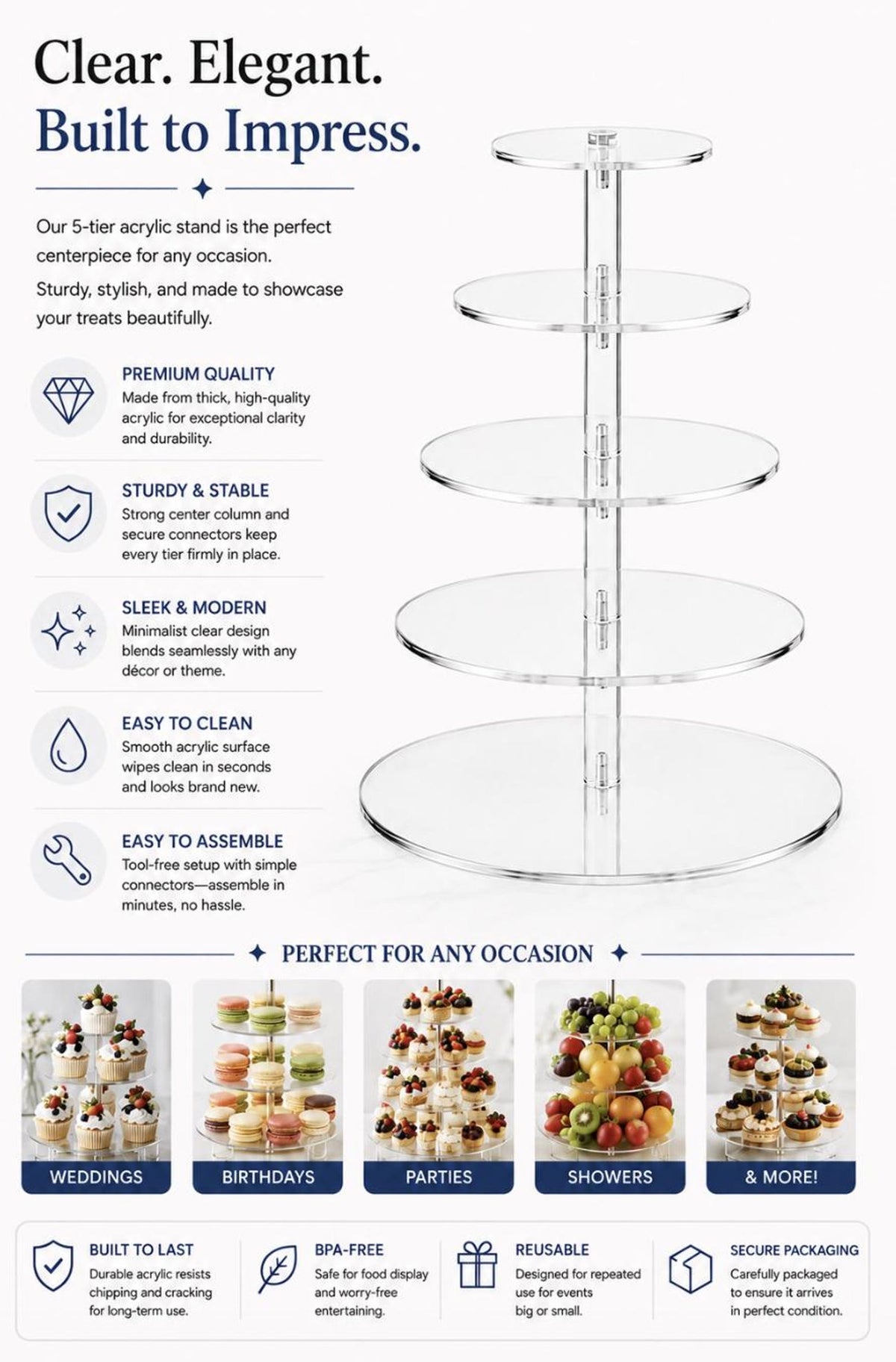 6 - Tier Acrylic Cake Stand – Clear Round Dessert Display Tower for Weddings, Parties & Events - Pretty Party Boxx