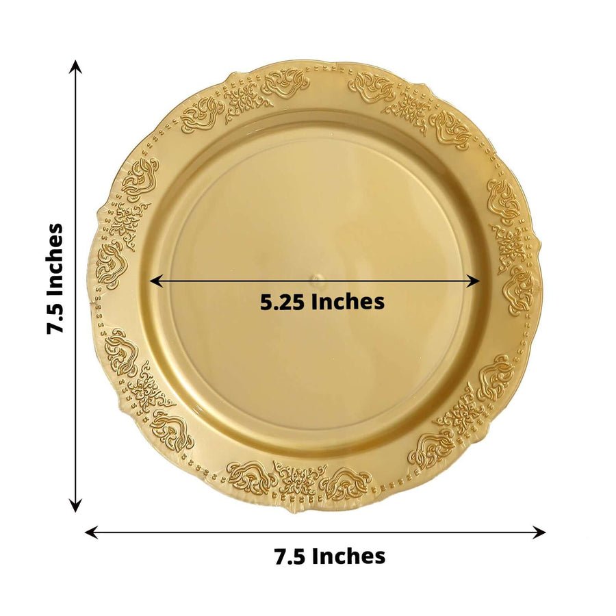 7.5 inch gold plastic appetizer plate with ornate baroque rim. Small disposable party tableware.