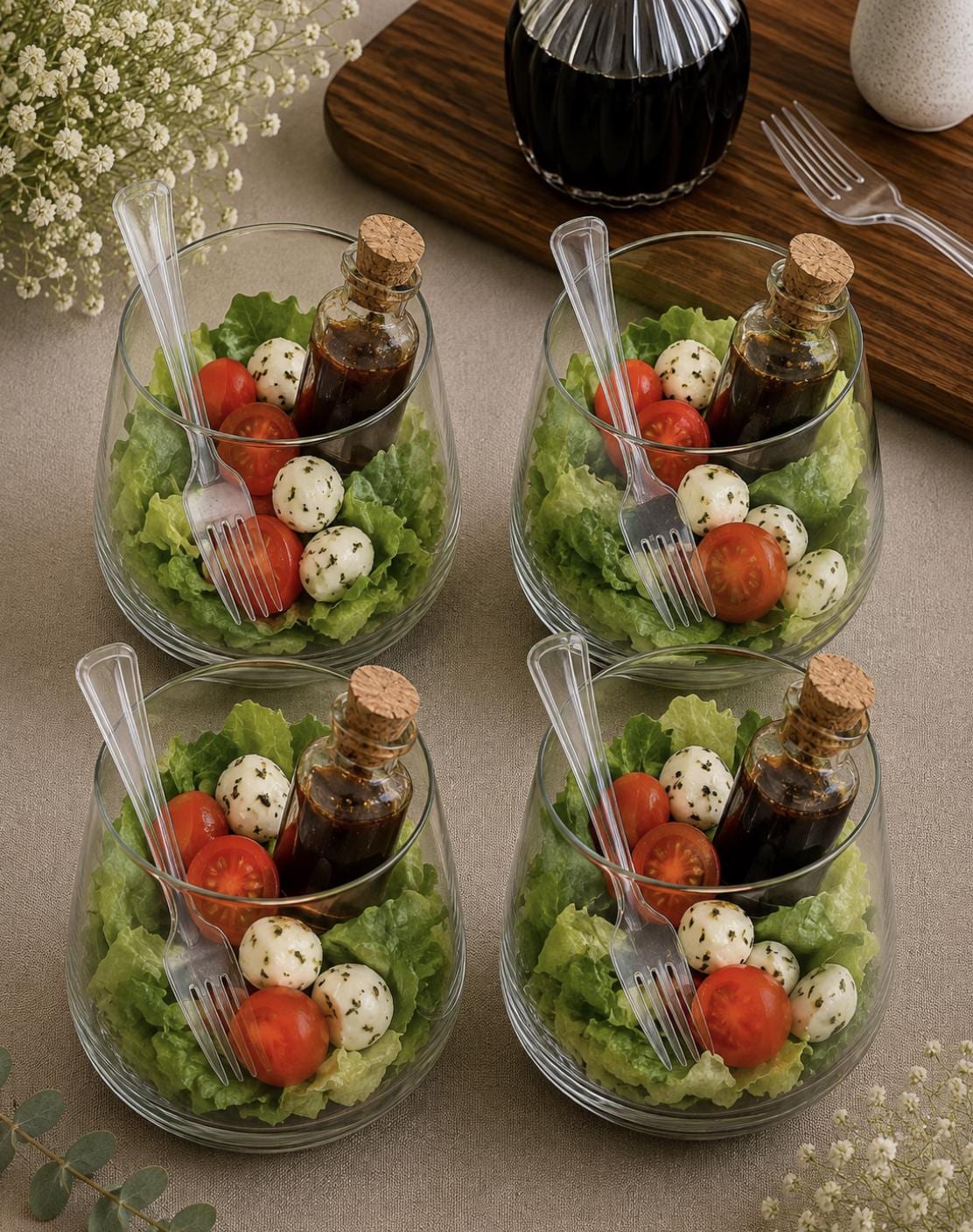 Acrylic Appetizer Cups with Mini Dressing Bottles & Forks – Set of 20 - Pretty Party Boxx