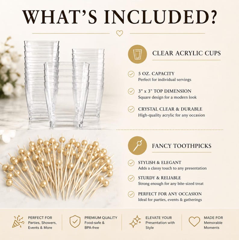 Acrylic Charcuterie Cups with Fancy Toothpicks – Set of 25 - Pretty Party Boxx