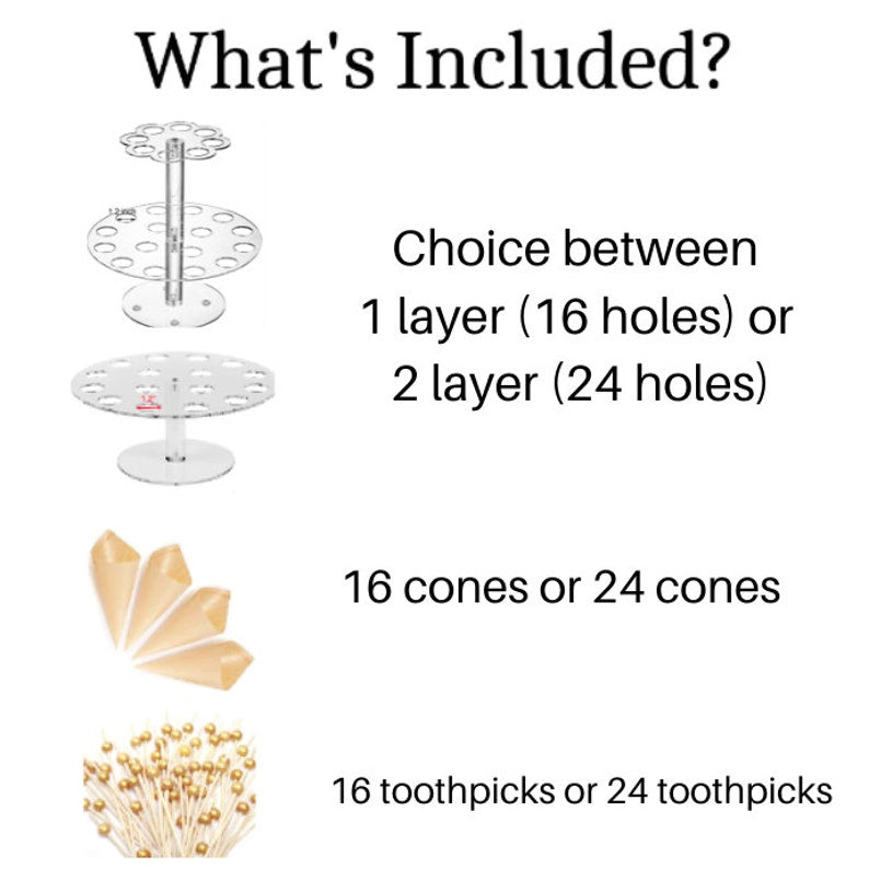 Complete charcuterie cone stand set showing stand, cones, and toothpicks included
