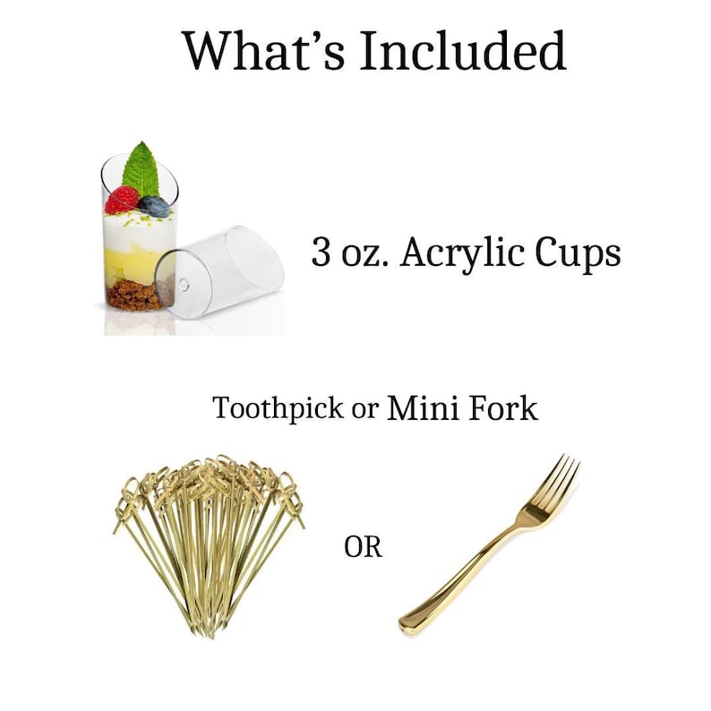 et of acrylic cups with gold mini forks or toothpicks for appetizers