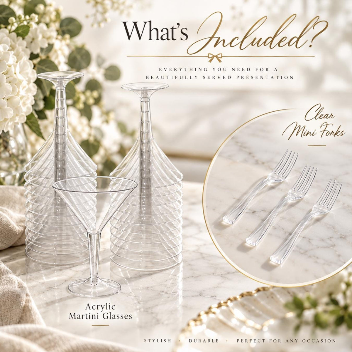 Acrylic Martini Appetizer Cups with Mini Forks – Set of 20 Clear Plastic Cocktail & Charcuterie Cups - Pretty Party Boxx