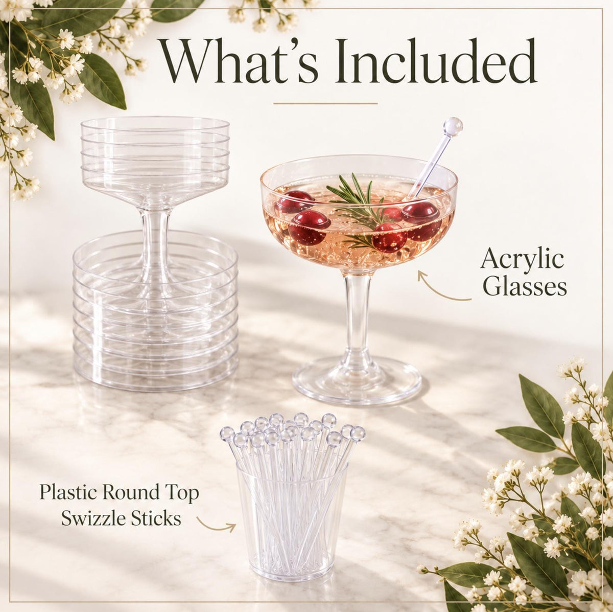 Acrylic Champagne Glasses Set with Plastic Swizzle Sticks - Pretty Party Boxx